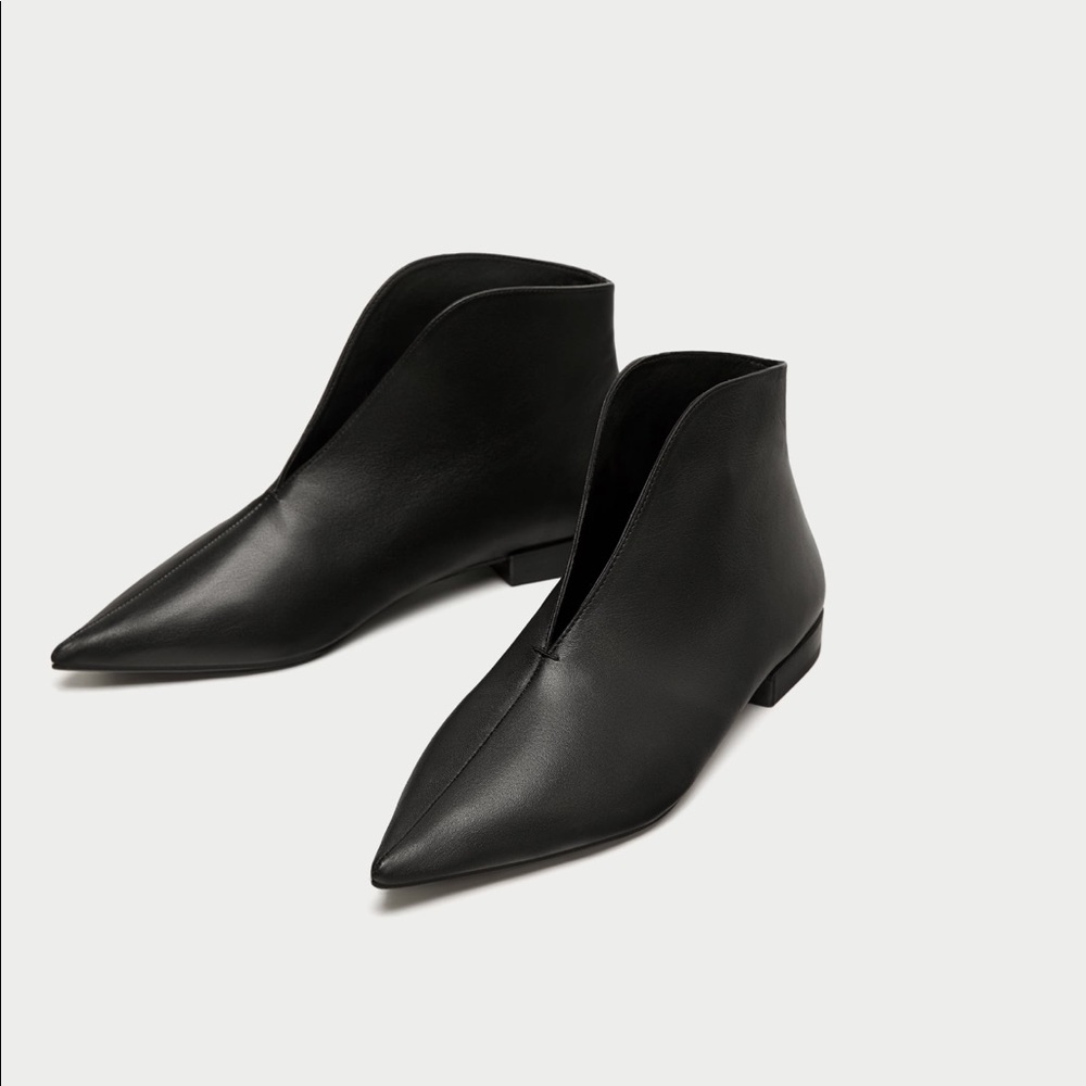 Zara Flat Leather Ankle Boots With V Vamp, NEW